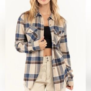 RSQ Navy, Brown and Tan Plaid Shirt